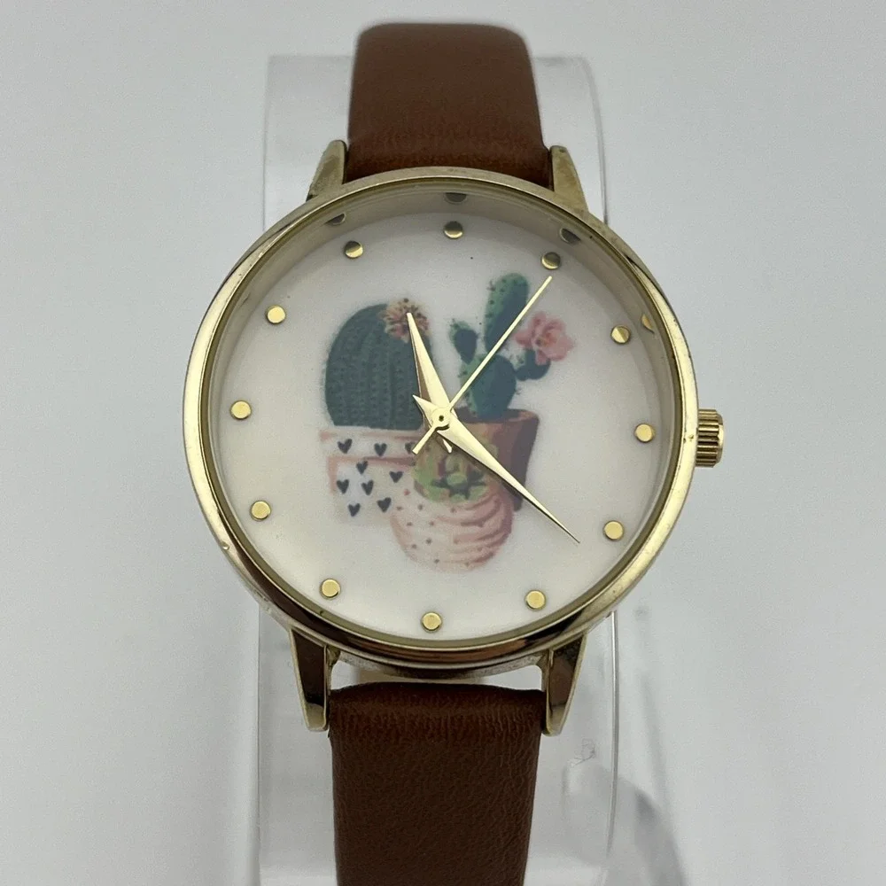 QRTZ Cactus Dial Watch Women‎ 34mm Gold Case Petite Brown Band- New Battery